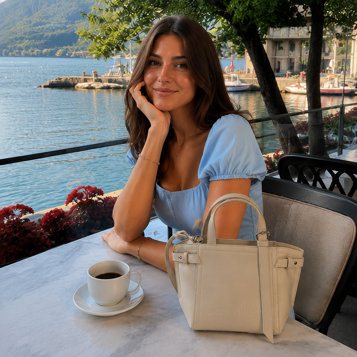 Cream Mini Handbag & Crossbody Bag with Embossed CK Detail