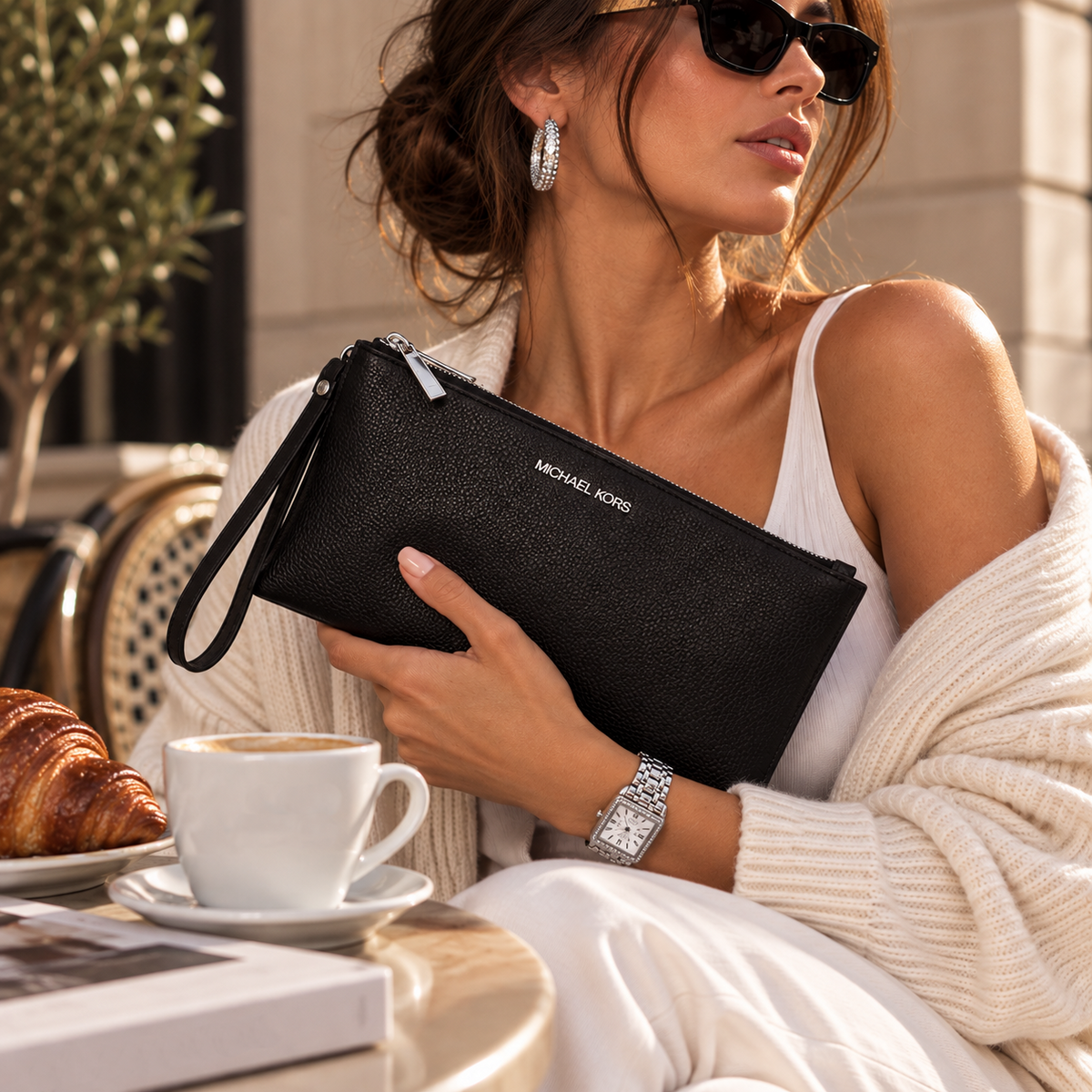 Black Leather Clutch Bag - Silver