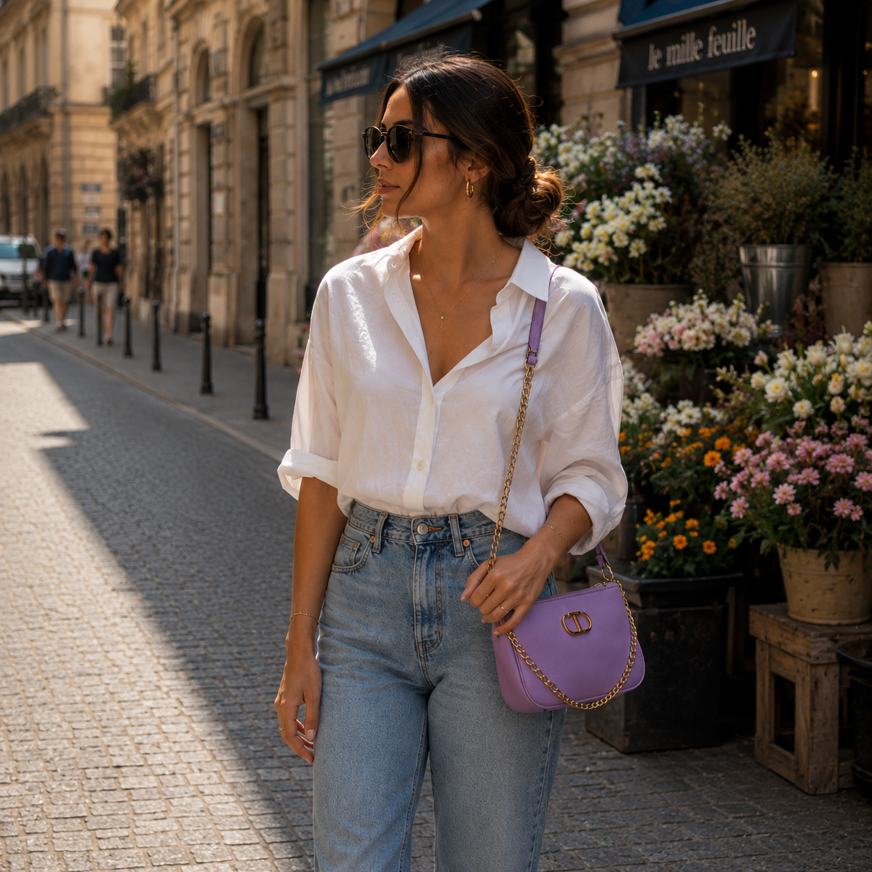 Lilac handbag with gold chain