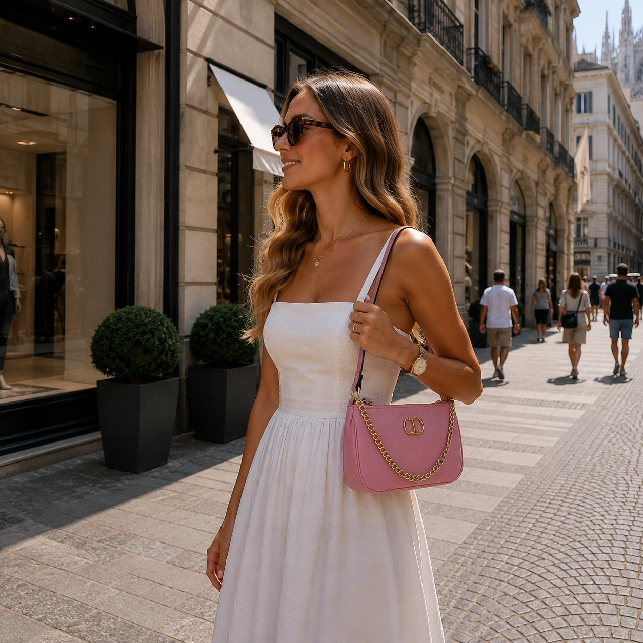 Borsa a mano rosa con catena dorata
