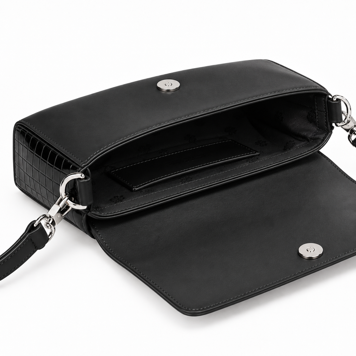 Croc-Embossed Flap Shoulder Bag - Black