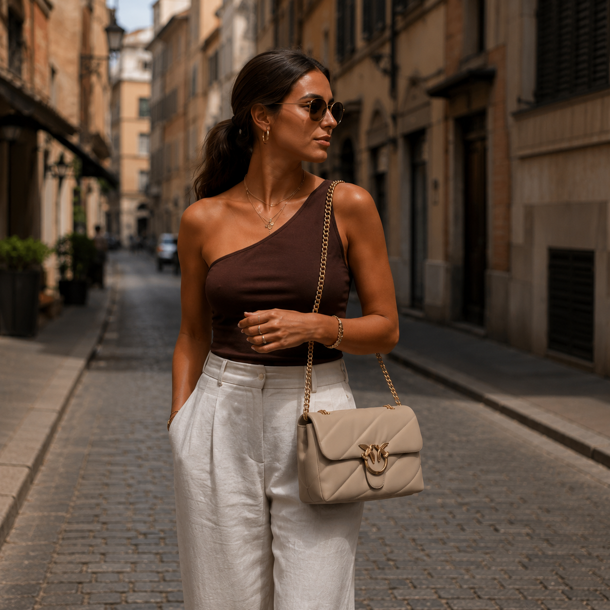 Beige Calf Leather Classic Shoulder Bag