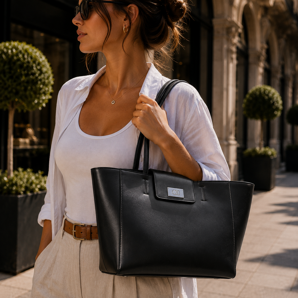 Tote Bag with silver closure - Black