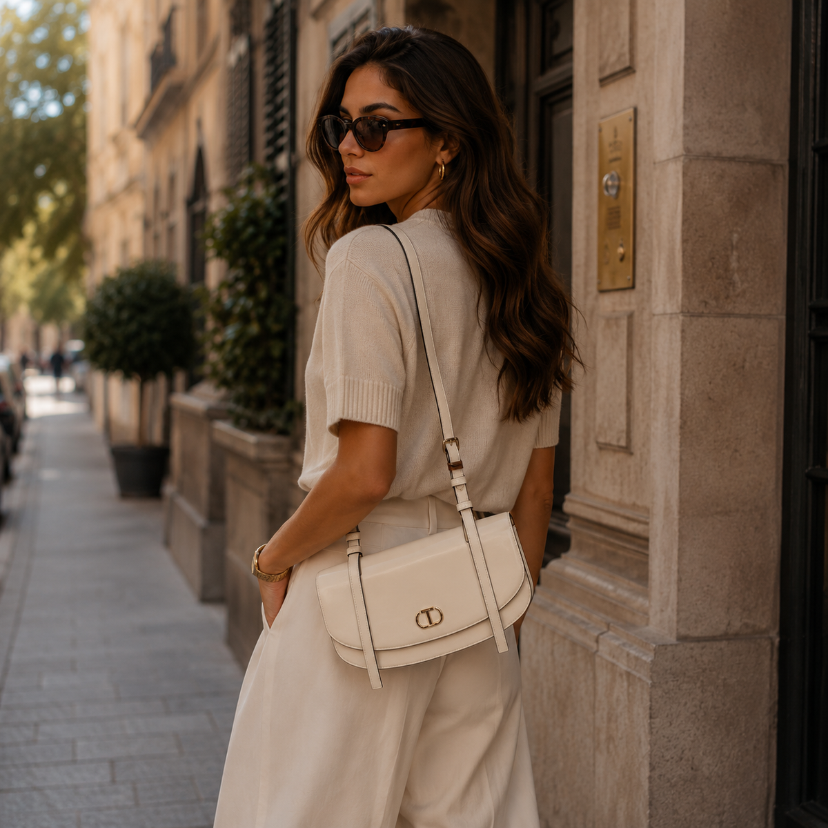 Rounded Flap Shoulder Bag - Ivory