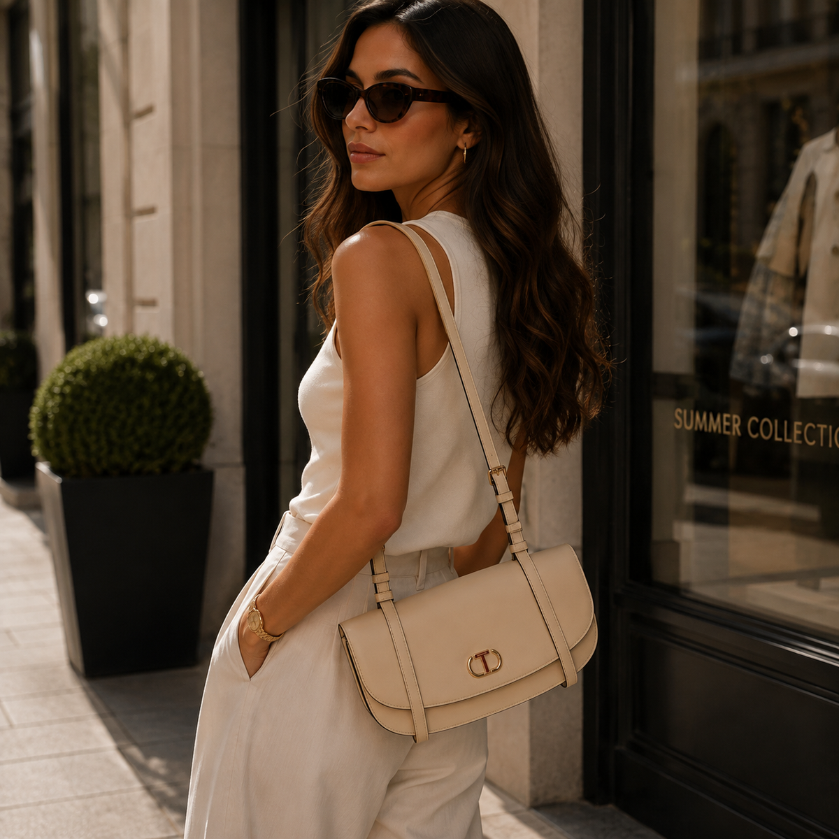 Rounded Flap Shoulder Bag - Sand