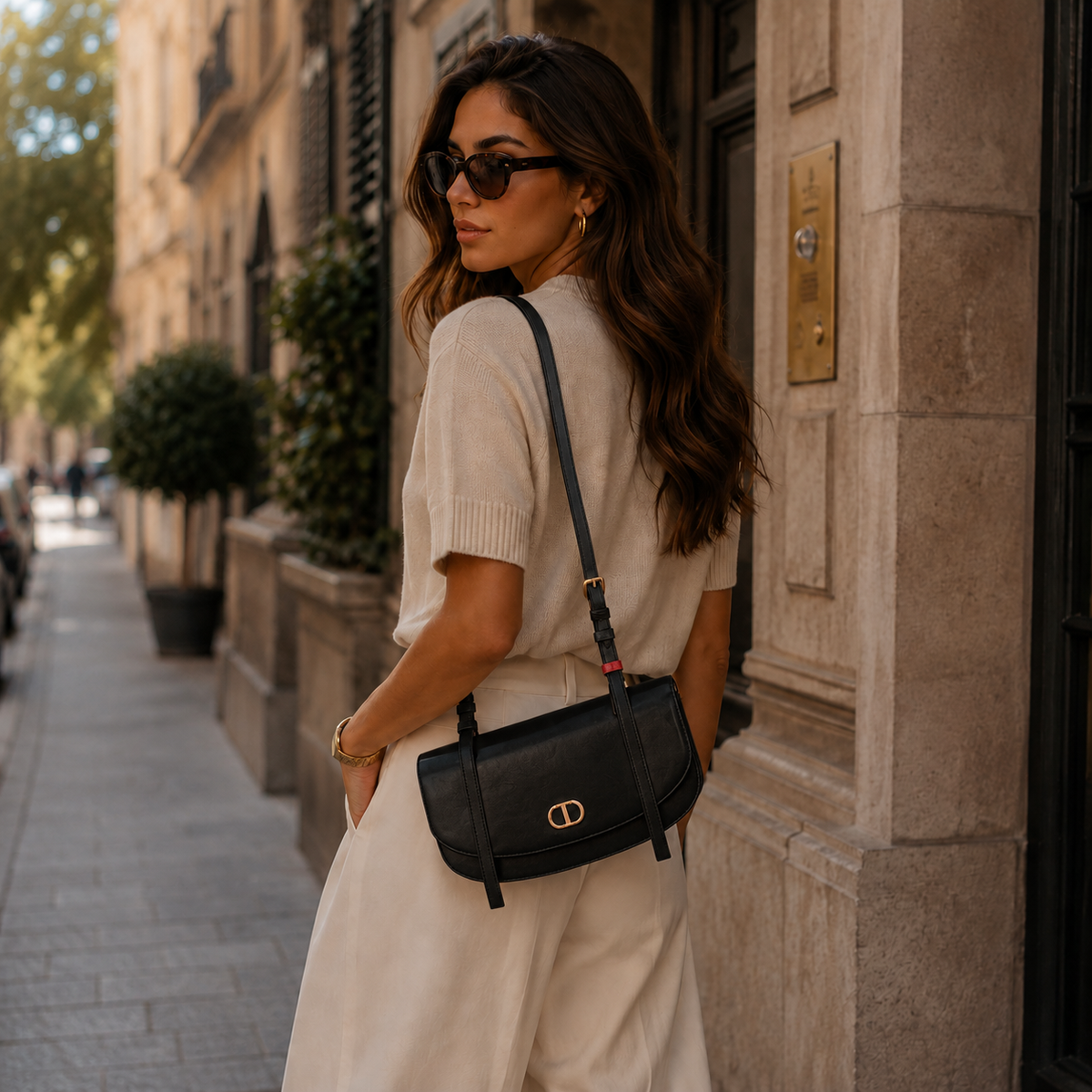 Rounded Flap Shoulder Bag - Black