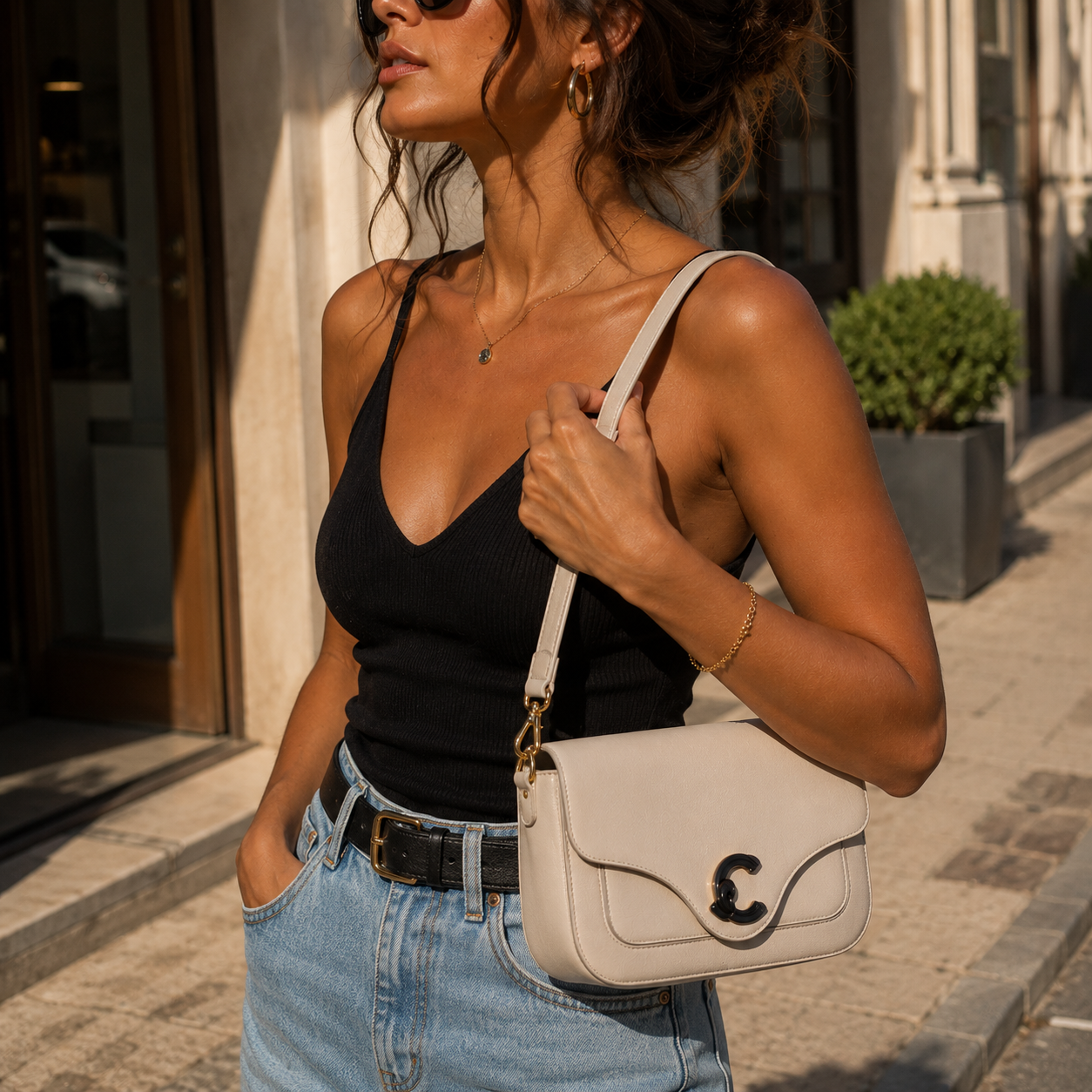 Borsa a spalla in pelle di vitello bianca