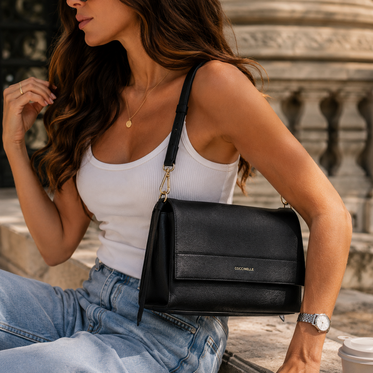 Black Calf Leather Shoulder Bag