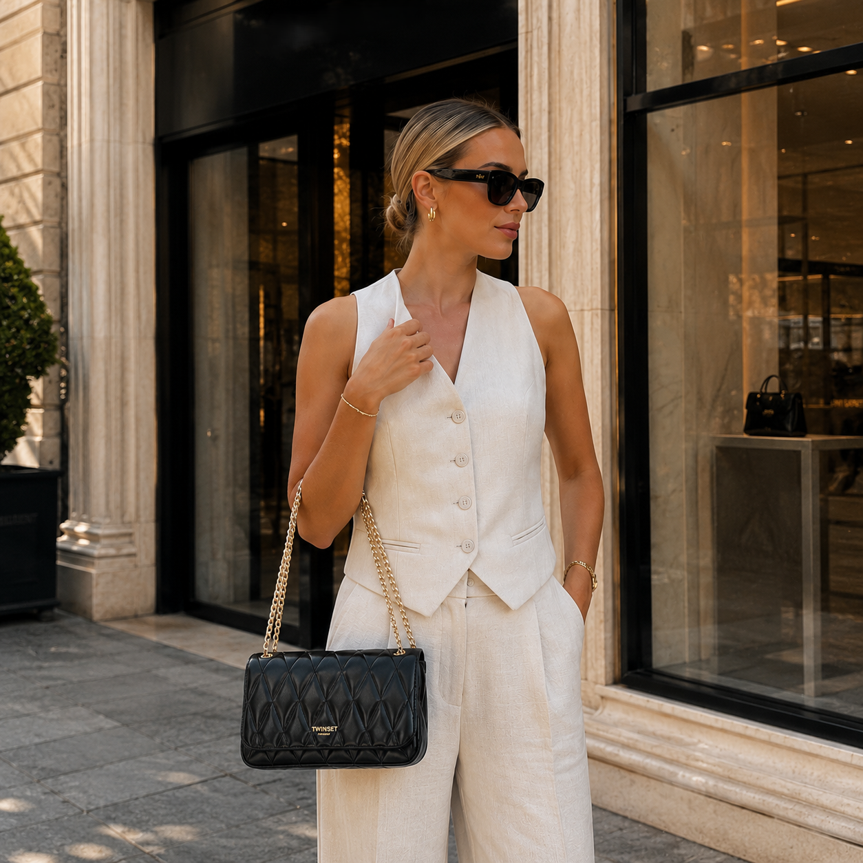 Borsa a spalla nera trapuntata a rombi