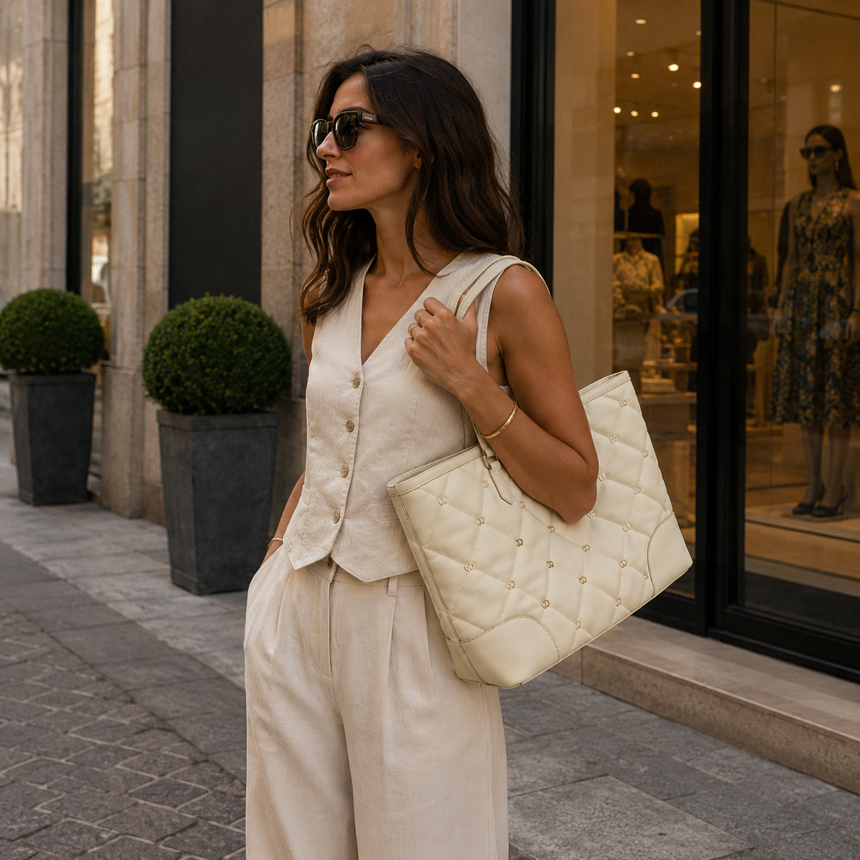 Borsa tote avorio trapuntata a rombi