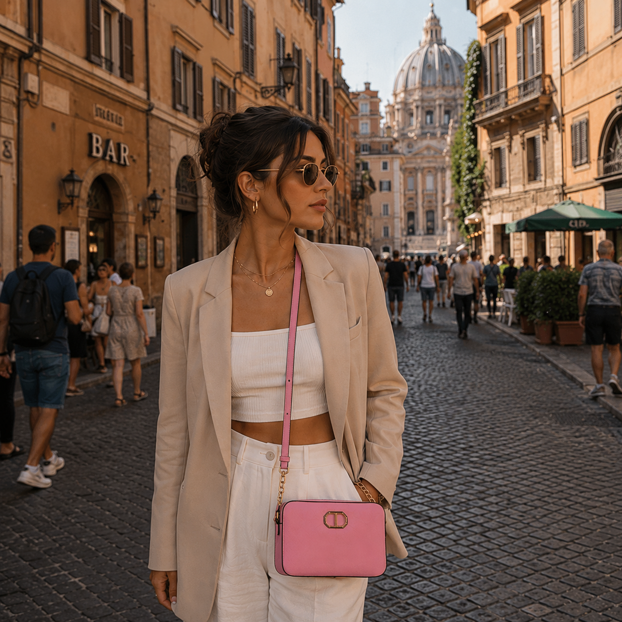 Borsa a tracolla rosa con dettagli dorati