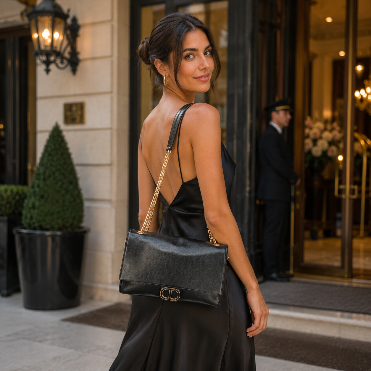 Borsa a spalla nera con catena dorata