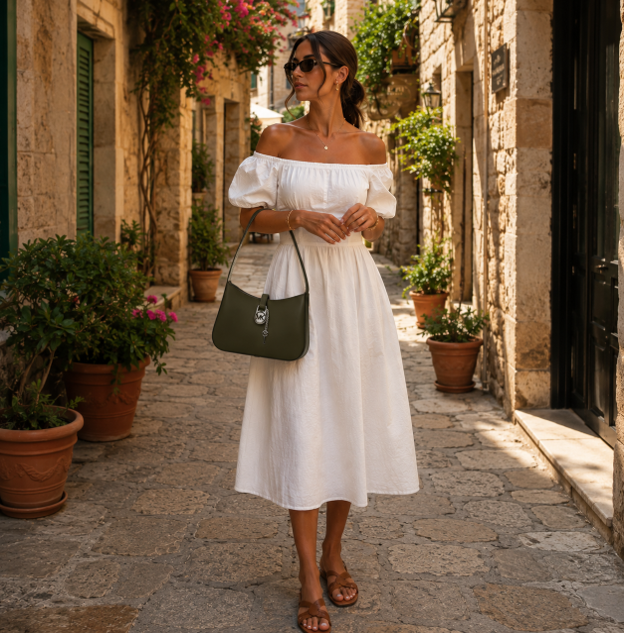 Borsa a mano in pelle verde oliva