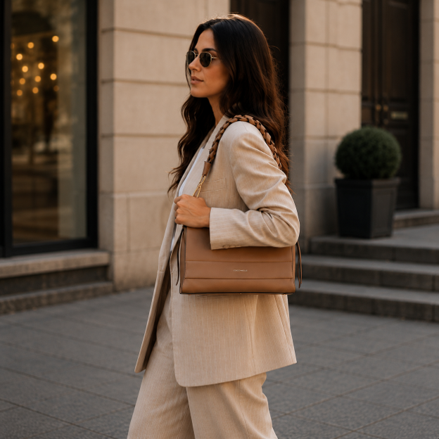 Borsa a spalla in pelle di vitello color tortora