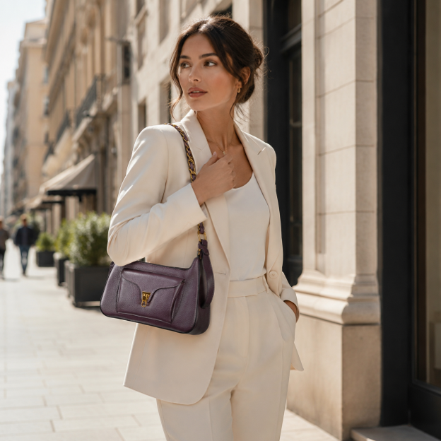 Borsa a mano in pelle color uva