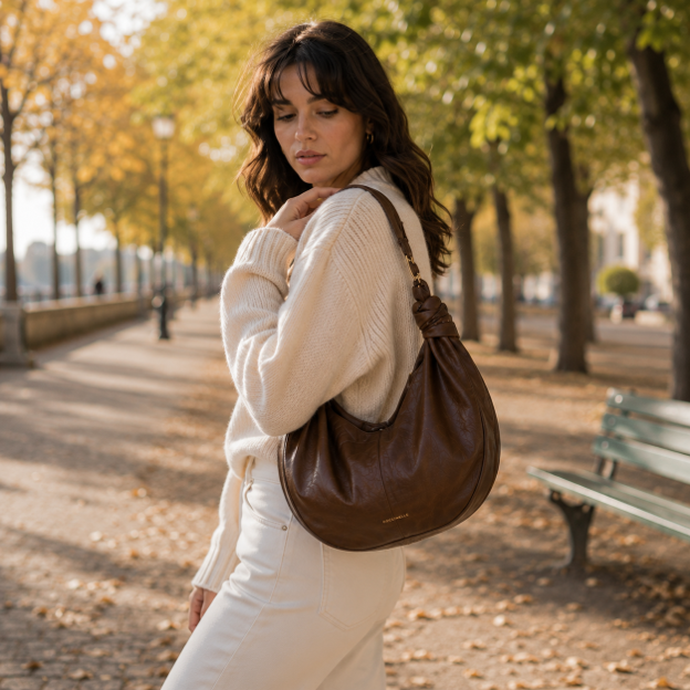 Borsa a spalla in pelle di vitello marrone
