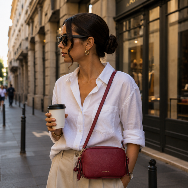 Borsa a tracolla in pelle rosso ciliegia