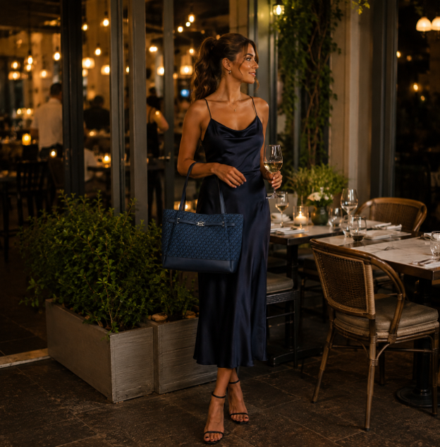 Borsa tote blu navy in tessuto monogrammato