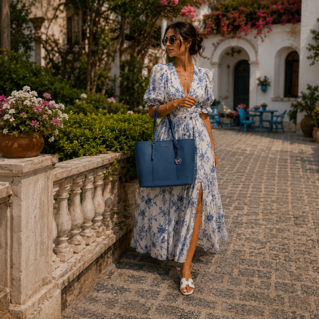 Borsa Tote e a spalla in Pelle blu fiordaliso
