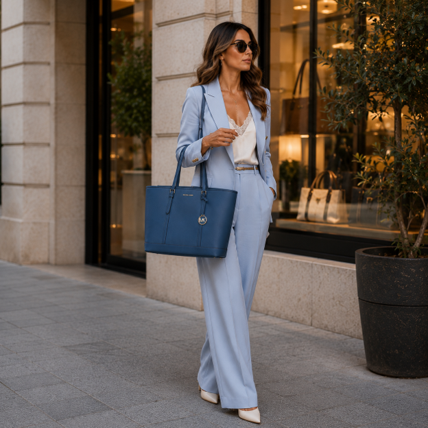 Borsa Tote e a spalla in Pelle blu fiordaliso