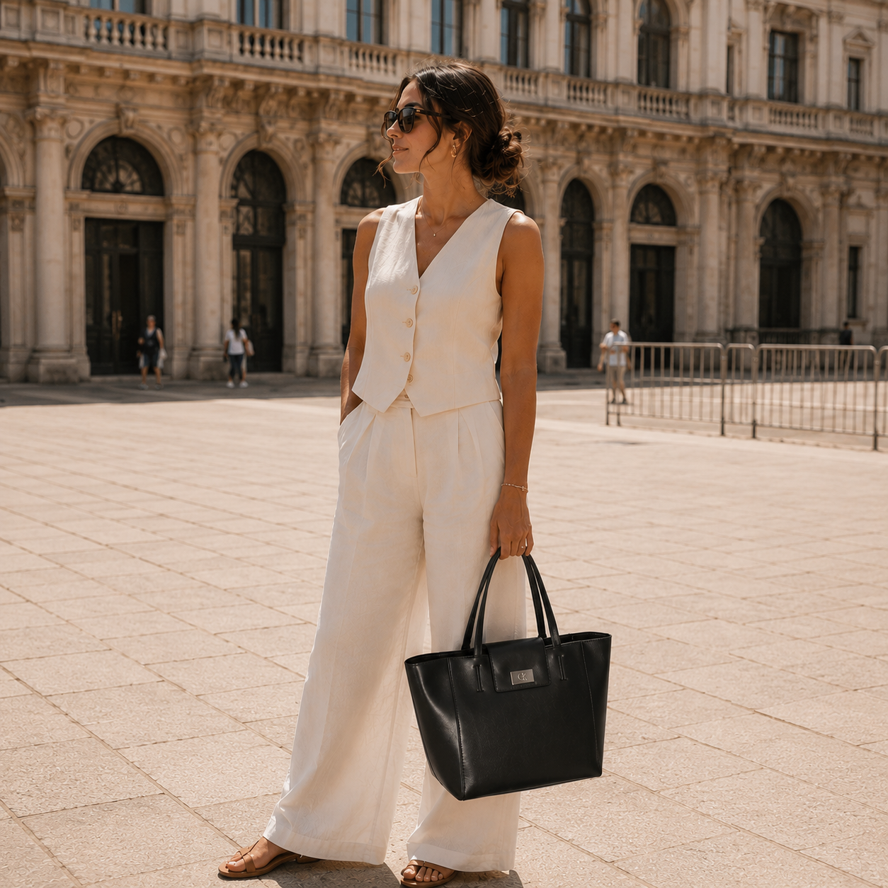 Black Large Shoulder Bag with Silver CK Turn-Lock Detail