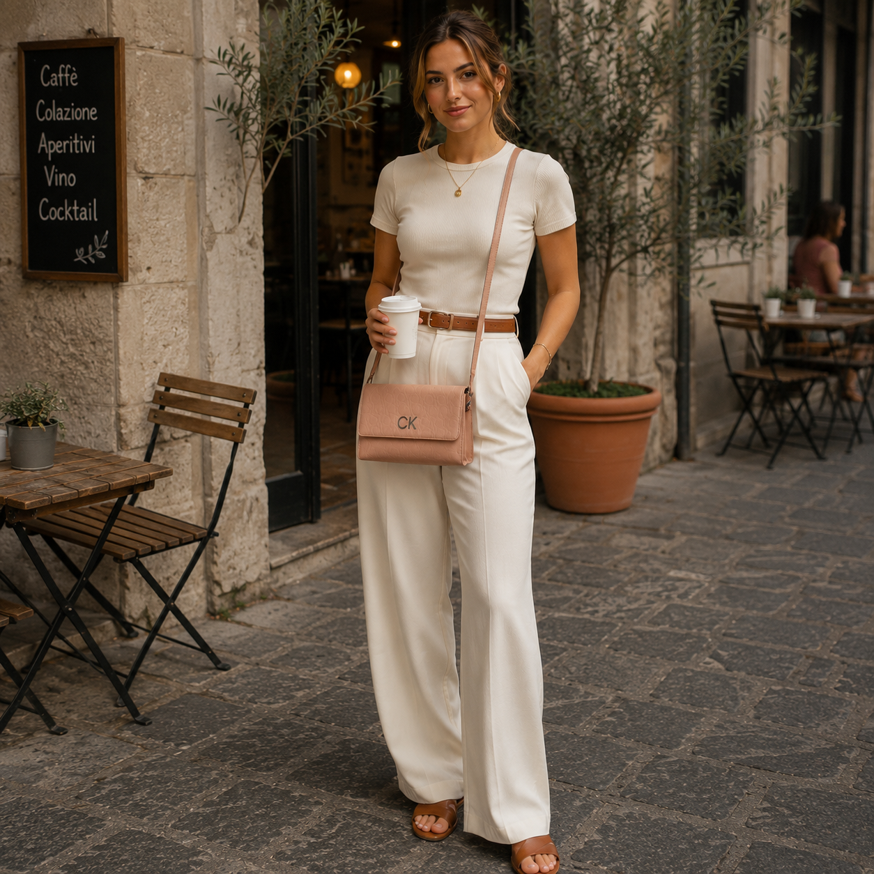 Blush Pink Crossbody Bag with Embossed CK Design