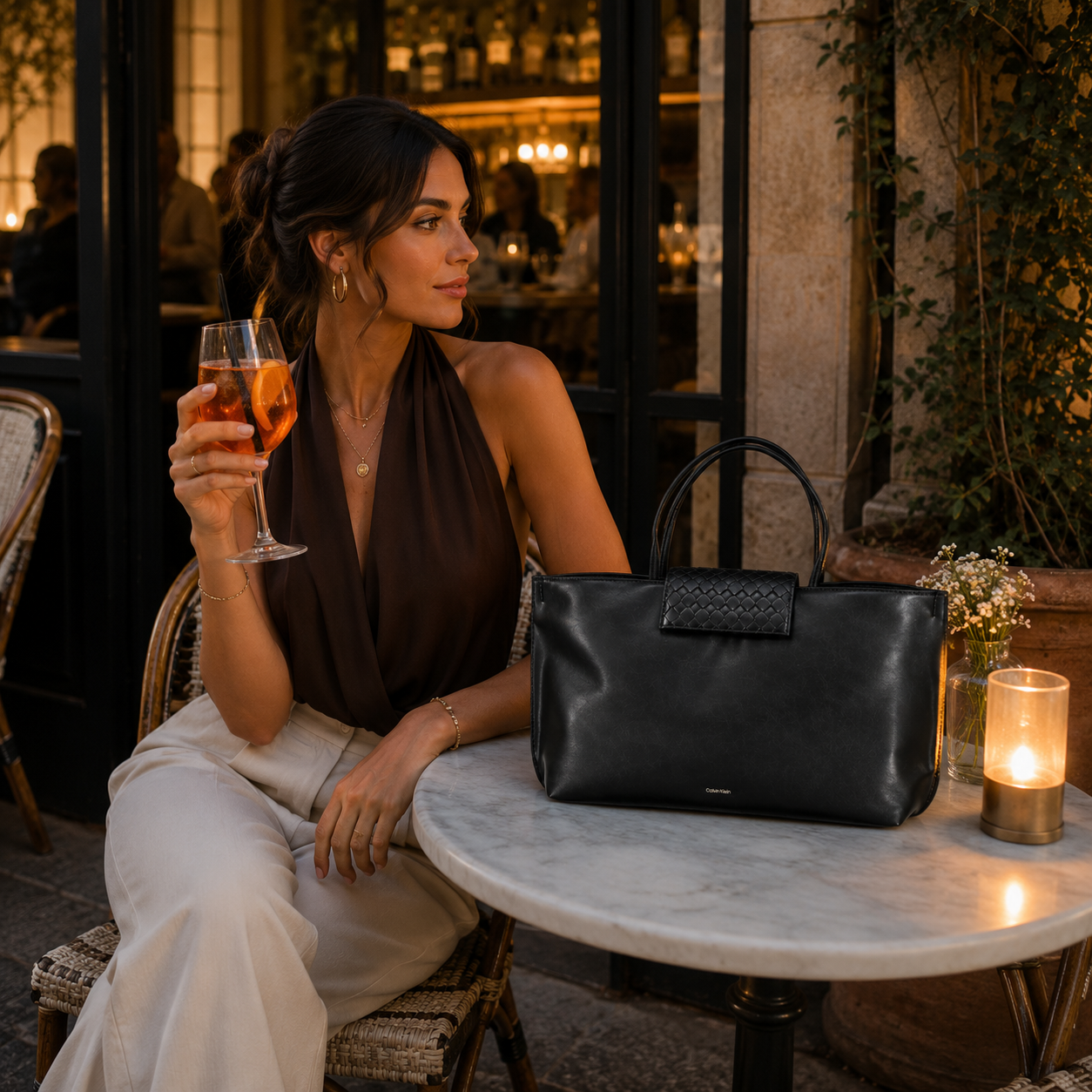 Black Handbag with Woven Flap Detail