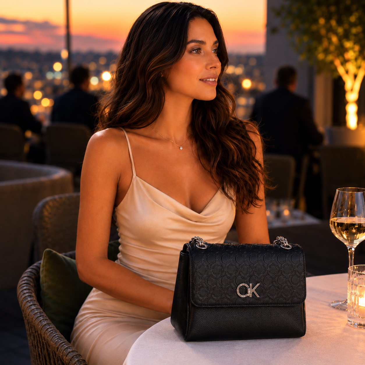 Borsa a Spalla e Tracolla Nera con Motivo Monogramma in Rilievo