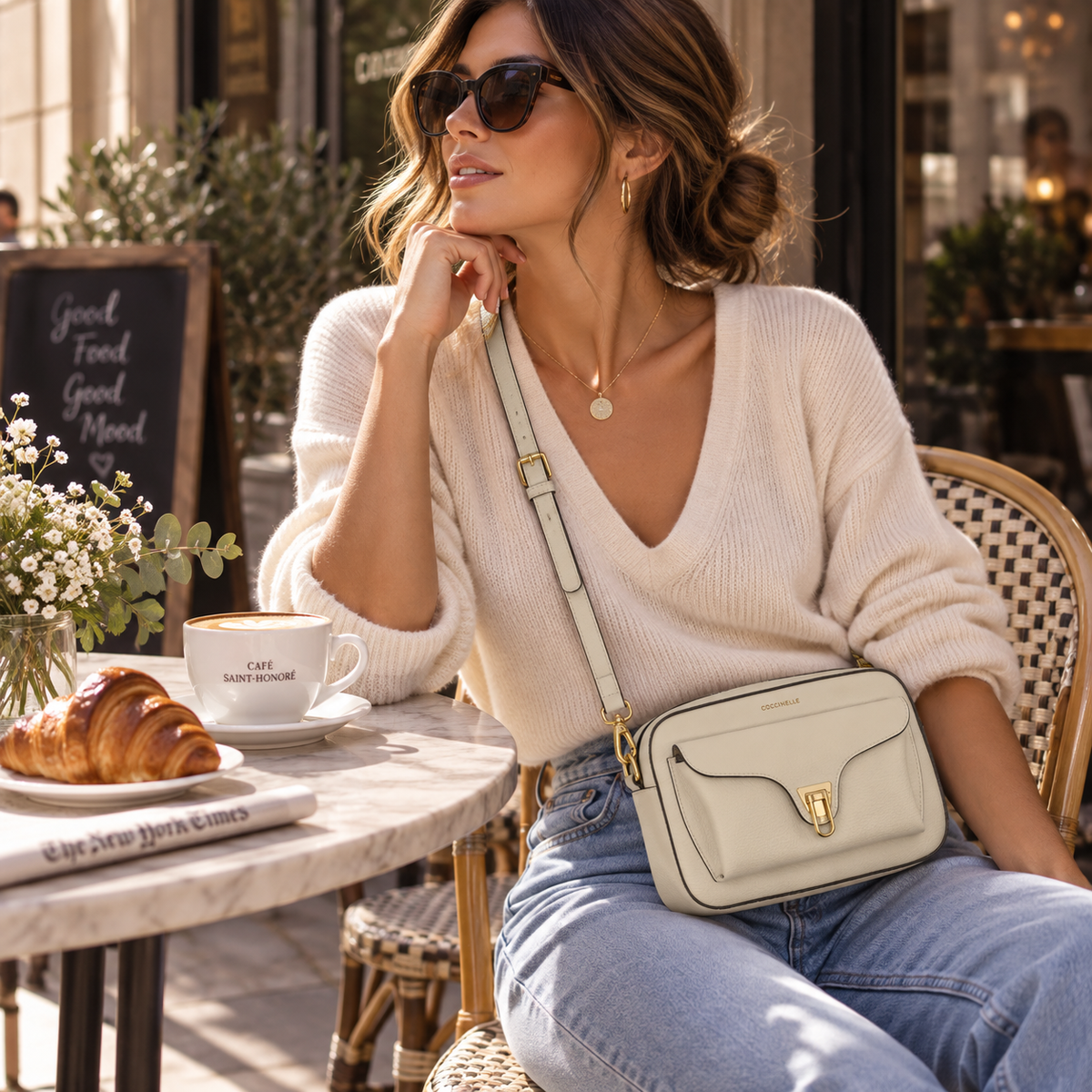 Grained Leather Small Crossbody Bag - White