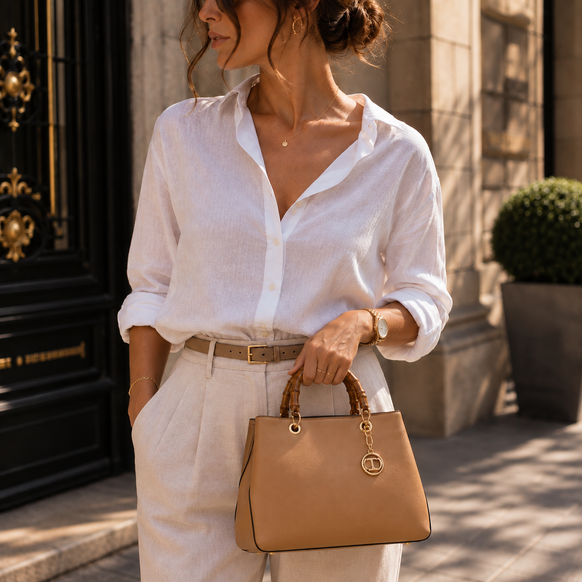Handbag with bamboo handles - Tan