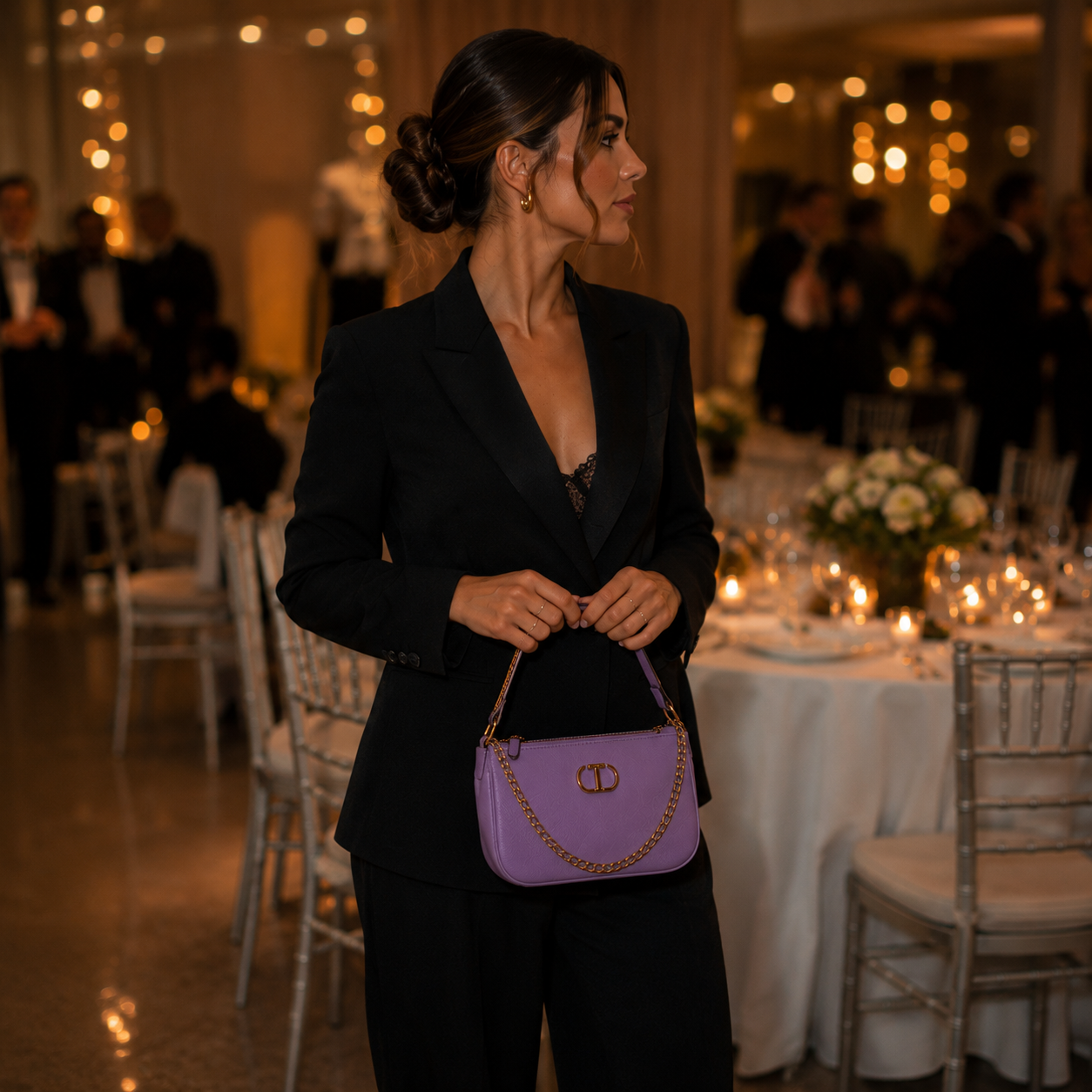 Lilac handbag with gold chain