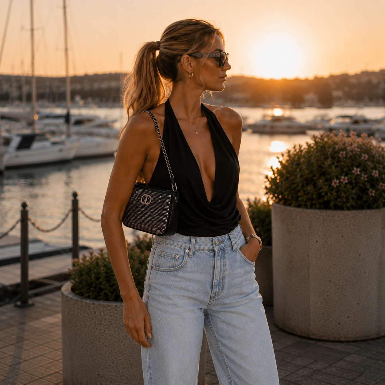 Borsa a tracolla nera rivestita con micro-strass 
