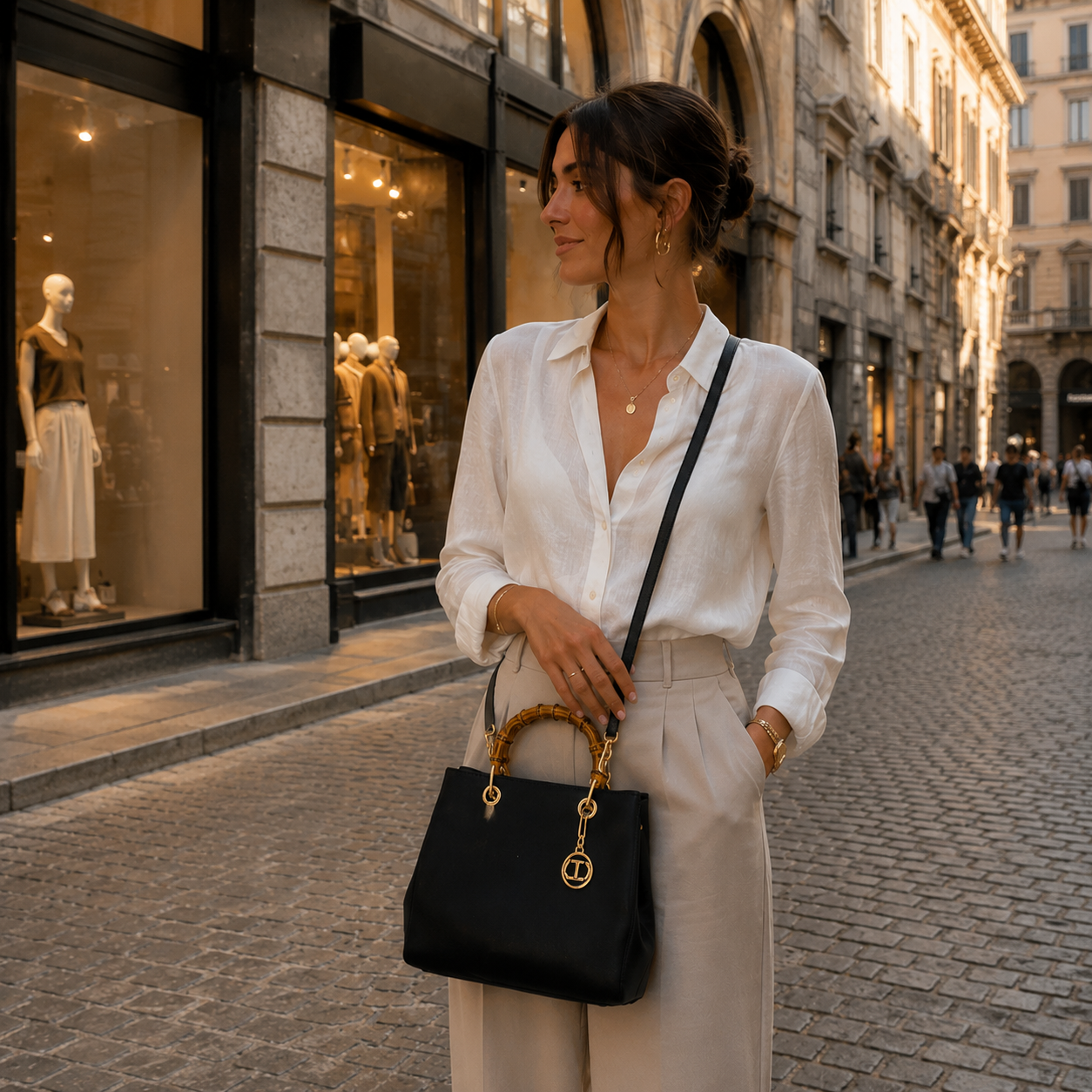 Borsa nera con manico superiore in bambù