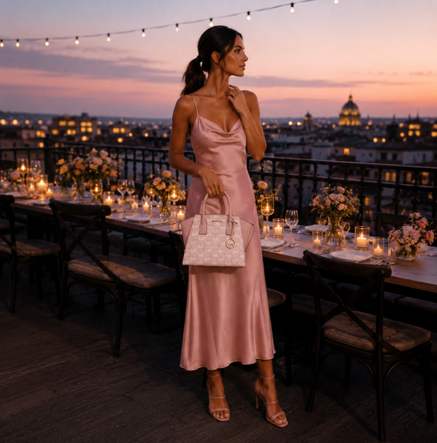 Borsa a mano rosa cipria in tela monogrammata 