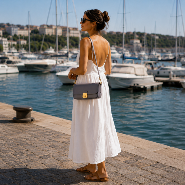 Slate Blue Calf Leather Shoulder Bag