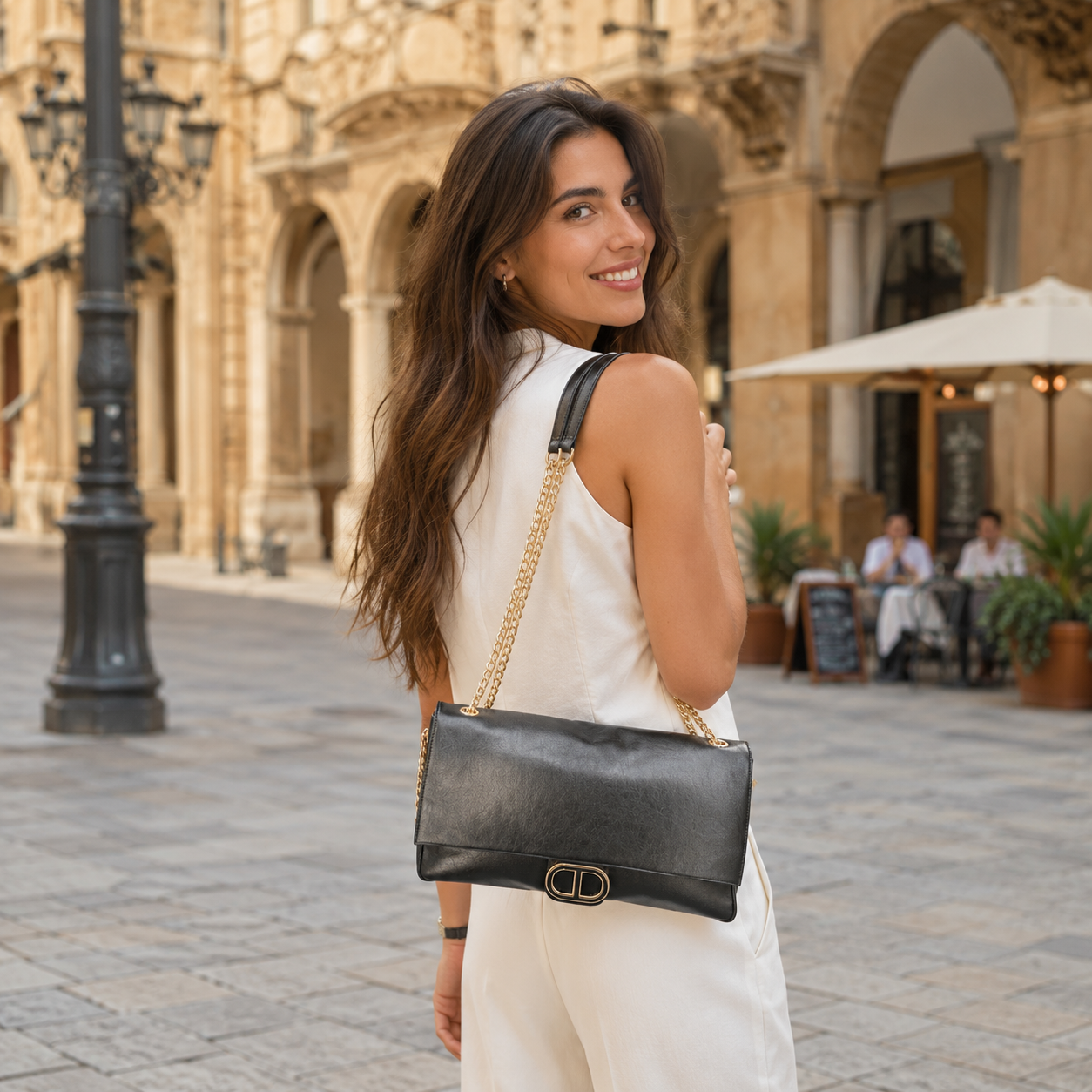 Borsa a spalla nera con catena dorata